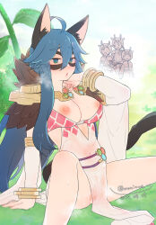 Rule 34 | 1girl, 3boys, acolyte (ragnarok online), ahoge, animal ears, argyle, argyle clothes, argyle dress, blue eyes, blue hair, blush, breasts, bush, cat ears, cat girl, cat tail, cleft of venus, commentary request, commission, covered navel, dated, detached sleeves, dress, eye mask, feet out of frame, fur collar, goinkyo, hair between eyes, highres, long bangs, long hair, looking at viewer, mechanic (ragnarok online), medium breasts, moni, multiple boys, nipple slip, nipples, no panties, open mouth, outdoors, pelvic curtain, pixiv commission, pussy, pussy peek, ragnarok online, see-through, see-through dress, signature, sitting, sleeveless, sleeveless dress, solo focus, sorcerer (ragnarok online), steaming body, swordsman (ragnarok online), tail, white sleeves