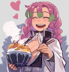 Rule 34 | 1girl, belt, blush, bowl, braid, breasts, chopsticks, cleavage, coat, closed eyes, food, green hair, grey background, haori, heart, japanese clothes, kanroji mitsuri, kimetsu no yaiba, large breasts, long hair, long sleeves, looking at viewer, mole, mole under eye, multicolored hair, open mouth, partially unbuttoned, pink hair, rice, rumie, simple background, smile, solo, steam, tempura, two-tone hair, uniform, upper body, wide sleeves