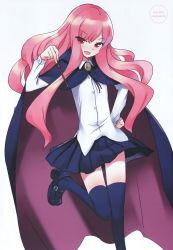 Rule 34 | 00s, 1girl, bad anatomy, bad proportions, blouse, blue thighhighs, cape, fang, hand on own hip, highres, long hair, long legs, louise francoise le blanc de la valliere, mary janes, pentacle, pink hair, poorly drawn, shirt, shoes, simple background, solo, thighhighs, usatsuka eiji, wand, white background, white shirt, zero no tsukaima