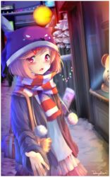 Rule 34 | 1girl, artist name, bag, blush, commentary, doki doki literature club, drawstring, english commentary, fang, hair ornament, hairclip, hat, natsuki (doki doki literature club), open mouth, outdoors, outstretched arm, pink eyes, pink hair, pom pom (clothes), scarf, short hair, snow, solo, striped clothes, striped scarf, takuyarawr, winter clothes
