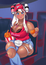 Rule 34 | 1girl, areola slip, bare shoulders, between breasts, blue eyes, breasts, cleavage, crossed legs, dark skin, highres, k-on!, keigi, kotobuki tsumugi, large areolae, large breasts, long hair, looking at viewer, plump, ripped jeans, sitting, solo, tagme, thick thighs, thighs, white hair