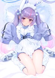 Rule 34 | 1girl, absurdres, animal ears, apron, belt, blue sweater, closed mouth, ear piercing, fake animal ears, frilled apron, frills, highres, jersey maid, long hair, long sleeves, looking at viewer, loose socks, lying, maid, multicolored hair, on back, piercing, pillow, pink eyes, pink hair, purple hair, rabbit ears, shoes, sleeves past fingers, sleeves past wrists, smile, sneakers, socks, solo, streaked hair, sugiki, sweater, thighs, tosaki mimi, tosaki mimi (4th costume), twintails, two-tone hair, unconventional maid, virtual youtuber, vspo!
