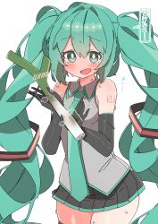 Rule 34 | 1girl, absurdres, aqua eyes, aqua hair, aqua necktie, aqua skirt, black sleeves, blush, breasts, bright pupils, commentary, commentary request, curvy, food, gluteal fold, good thighs day, grey shirt, hashtag-only commentary, hatsune miku, highres, holding, holding food, holding spring onion, holding vegetable, long hair, miniskirt, necktie, open mouth, shirt, skindentation, skirt, small breasts, smile, solo, spring onion, sweat, sweatdrop, thick thighs, thighhighs, thighs, translation request, twintails, two-tone ribbon, uruti 2388, vegetable, very long hair, vocaloid, white background, white pupils, wide hips, zettai ryouiki