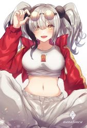 Rule 34 | 1girl, :d, arknights, black hair, blush, breasts, commentary, crop top, cropped jacket, eyewear on head, feater (arknights), feater (gourmet) (arknights), grey hair, highres, jacket, large breasts, long hair, long sleeves, looking at viewer, midriff, nanatsuka, navel, official alternate costume, open clothes, open jacket, open mouth, pants, red jacket, round eyewear, shirt, sitting, smile, solo, stomach, sunglasses, twintails, white pants, white shirt, yellow eyes