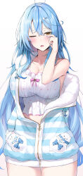 Rule 34 | 1girl, absurdres, ahoge, bare shoulders, blue hair, blue jacket, blush, breasts, camisole, cleavage, collarbone, commentary request, cowboy shot, fang, fukuiii0110, hair between eyes, hair ornament, highres, hololive, jacket, jacket partially removed, large breasts, long hair, looking at viewer, midriff, official alternate costume, open mouth, partially unzipped, polka dot camisole, rubbing eyes, simple background, single bare arm, single bare shoulder, skin fang, solo, thighs, virtual youtuber, white background, white camisole, yellow eyes, yukihana lamy, yukihana lamy (loungewear)