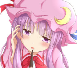 Rule 34 | 1girl, adjusting hair, blunt bangs, blurry, blush, bow, bowtie, close-up, crescent, depth of field, food, hand in own hair, hat, head tilt, long hair, looking at viewer, mob cap, patchouli knowledge, pink hat, pocke, pov, purple eyes, purple hair, ram hachimin, red bow, red bowtie, sidelocks, simple background, solo, touhou, tsurime, upper body, white background, wing collar