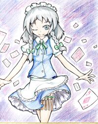 Rule 34 | 1girl, absurdres, ace (playing card), apron, blue skirt, blue vest, bow, braid, breasts, buttons, card, closed mouth, collared shirt, colored pencil (medium), cowboy shot, frilled apron, frills, green bow, green eyes, green ribbon, grey hair, hair bow, highres, izayoi sakuya, janas, light smile, looking at viewer, maid, maid headdress, medium hair, neck ribbon, one eye closed, playing card, puffy short sleeves, puffy sleeves, purple background, ribbon, shikishi, shirt, short sleeves, skirt, skirt set, small breasts, solo, thigh strap, touhou, traditional media, twin braids, vest, waist apron, white apron, white shirt