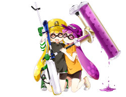 Rule 34 | 2girls, :d, arm up, baseball cap, black shorts, blunt bangs, blush, closed mouth, clothes writing, dripping, e-liter 3k (splatoon), full body, green footwear, gun, hat, highres, holding, holding gun, holding weapon, ink tank (splatoon), inkling, inkling girl, inkling player character, long hair, long sleeves, multiple girls, namori, nintendo, open mouth, purple eyes, purple hair, purple hat, red eyes, rifle, scope, shirt, shoelaces, shoes, shorts, shorts under skirt, simple background, smile, sniper rifle, splatoon (series), splatoon 1, sweater, t-shirt, very long hair, weapon, white background, yellow footwear, yellow hat