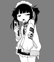 Rule 34 | 1girl, blunt bangs, cellphone, center frills, cowboy shot, detached collar, ear bar, ear piercing, explosion psycho, flip phone, frilled hairband, frills, greyscale, hairband, half-closed eyes, hand up, highres, holding, holding phone, jacket, jirai kei, looking at viewer, monochrome, neck ribbon, open clothes, open jacket, open mouth, original, phone, piercing, ribbon, short twintails, simple background, solo, tongue, tongue out, tongue piercing, twintails
