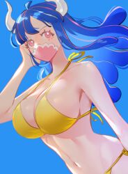 Rule 34 | 1girl, ahoge, alternate costume, bikini, blue hair, blue sky, breasts, cleavage, covered mouth, curled horns, day, dinosaur girl, horns, large breasts, long hair, mask, mouth mask, multicolored hair, navel, one piece, outdoors, pink eyes, pink hair, pink mask, raine (acke2445), sky, solo, streaked hair, swimsuit, ulti (one piece), yellow bikini