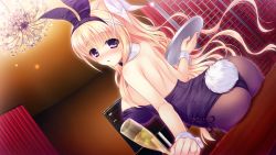 Rule 34 | 1girl, alcohol, animal ears, arched back, ass, back, backless leotard, bare back, black pantyhose, blonde hair, blush, breasts, bunny paradise ~koibito zenin bani-ka keikaku~, ceiling, champagne, champagne flute, chandelier, cowboy shot, cross-laced clothes, cup, curtains, detached collar, drink, drinking glass, dutch angle, fake animal ears, fake tail, from behind, game cg, hair ribbon, hairband, highres, holding, indoors, large breasts, leotard, light particles, long hair, looking back, nose blush, olive, open mouth, outline, pantyhose, playboy bunny, purple eyes, rabbit ears, rabbit tail, ribbon, rubi-sama, sideboob, sitting, solo, strapless, tail, tray, tress ribbon, usami mimi (bunny paradise), very long hair, waitress, wavy hair, wrist cuffs