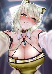 Rule 34 | 1girl, animal ear fluff, animal ears, arknights, belt collar, breasts, cat ears, cat girl, cleavage, collar, detached collar, dress, girl on top, green dress, green eyes, iindoagorira, in heat, kal&#039;tsit (arknights), large breasts, looking at viewer, material growth, off-shoulder dress, off-shoulder jacket, off shoulder, oripathy lesion (arknights), outstretched arms, pov, steaming body, sweat