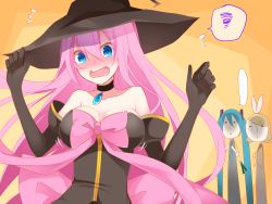 Rule 34 | ..., 3girls, bad id, bad pixiv id, blue eyes, blush, breast envy, breasts, brooch, elbow gloves, embarrassed, gloves, halloween, hat, hatsune miku, highres, jewelry, kagamine rin, large breasts, megurine luka, multiple girls, pink hair, spring onion, squiggle, sweatdrop, temari (deae), vocaloid, witch, witch hat, yellow background
