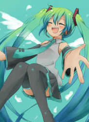 Rule 34 | 1girl, detached sleeves, closed eyes, foreshortening, green hair, hatsune miku, headset, long hair, necktie, open mouth, skirt, solo, sudachi (calendar), thighhighs, twintails, very long hair, vocaloid, wings