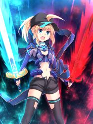 Rule 34 | 1girl, ahoge, artoria pendragon (fate), black hat, black shorts, black thighhighs, blonde hair, blue eyes, blue gloves, breasts, cleavage, cross (crossryou), dual wielding, excalibur morgan (fate), fate/grand order, fate (series), fingerless gloves, gloves, hat, highleg, highleg panties, holding, holding sword, holding weapon, long hair, midriff, mysterious heroine x (fate), mysterious heroine x (third ascension) (fate), navel, open mouth, panties, ponytail, short shorts, shorts, small breasts, solo, standing, stomach, sword, thighhighs, underwear, weapon
