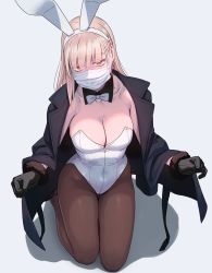 Rule 34 | 1girl, animal ears, black coat, blonde hair, bow, bowtie, breasts, brown pantyhose, cleavage, clenched hand, coat, commentary request, covered navel, earrings, fake animal ears, fur trim, gloves, highres, jewelry, large breasts, leotard, long hair, looking at viewer, mask, mouth mask, orange eyes, original, pantyhose, playboy bunny, rabbit ears, sitting, solo, surgical mask, thighs, wariza, white leotard, yuuji (and)
