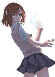 Rule 34 | 1girl, :o, absurdres, between fingers, black skirt, blush, bright pupils, brown hair, brown sweater vest, coin, electricity, flower, hair flower, hair ornament, haruno honobono, highres, holding, looking at viewer, looking to the side, misaka mikoto, school uniform, shirt, short hair, short sleeves, simple background, skirt, solo, sweater vest, toaru kagaku no railgun, toaru majutsu no index, tokiwadai school uniform, white background, white pupils, white shirt