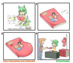 Rule 34 | +++, 4koma, :3, :d, absurdres, animal ears, bad id, bad pixiv id, blush, book, book stack, comic, commentary request, drawing, english text, green hair, greenteaneko, hat, highres, holding, implied masturbation, monster girl, open book, open mouth, pregnant, reading, shirt, shorts, sitting, sleeveless, sleeveless shirt, smile, square 4koma, standing, suggestive fluid, tail, tail wagging, twitter username, watermark, web address, what, yellow eyes