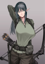 Rule 34 | 1girl, arm behind head, belt, black hair, bow (weapon), breasts, buckle, cargo pants, elf, green eyes, green shirt, hetza (hellshock), huge breasts, knife, long hair, looking to the side, original, pants, pointy ears, pouch, quiver, shirt, snap-fit buckle, solo, utility belt, weapon