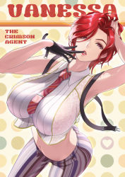 Rule 34 | 1girl, arm behind head, arm up, armpits, arms up, breasts, ema (emaura), large breasts, leaning forward, looking at viewer, mature female, necktie, pants, pinstripe pants, pinstripe pattern, presenting armpit, red hair, sleeveless, snk, solo, striped, suspenders, the king of fighters, vanessa (kof)