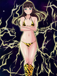 Rule 34 | 1girl, animal print, aqua eyes, artist name, artist request, bare legs, bare shoulders, bikini, black hair, blue sky, blunt bangs, breasts, cloud, collarbone, crossed arms, female focus, floating hair, green eyes, hair ornament, hairclip, hime cut, kurosawa dia, long hair, looking at viewer, love live!, love live! sunshine!!, mole, mole under mouth, nail, nail polish, night, night sky, nipples, outdoors, pink nails, sky, small breasts, solo, star (sky), swimsuit, thunder