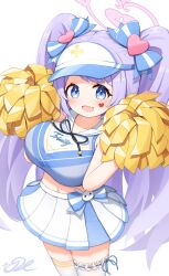 Rule 34 | 1girl, blue archive, blue eyes, blush, breasts, cheering, cheerleader, collarbone, fang, halo, hanae (blue archive), heart, highres, holding, holding pom poms, j2l, large breasts, long hair, navel, open mouth, pink halo, pleated skirt, pom pom (cheerleading), pom poms, purple hair, signature, simple background, skin fang, skirt, smile, solo, thighhighs, two side up, white background, white skirt, white thighhighs