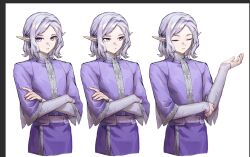 1boy closed_eyes crossed_arms dungeon_meshi elf grey_hair half_up_braid high_collar long_sleeves looking_at_viewer looking_to_the_side male_focus medium_hair mithrun mithrun_(young) pointy_ears purple_eyes purple_tunic simple_background tunic upper_body variations wavy_hair white_background xinjinjumin1675864