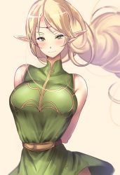 Rule 34 | 1girl, arms behind back, bare shoulders, belt, blonde hair, blush, breasts, circlet, closed mouth, commentary request, deedlit, dress, elf, green dress, green eyes, large breasts, long hair, looking at viewer, pointy ears, record of lodoss war, short dress, simple background, sleeveless, sleeveless dress, smile, solo, taut clothes, tunic, untue, upper body, very long hair, yellow background