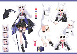 Rule 34 | 1girl, absurdres, animal ears, aoitsuki, black coat, black footwear, black gloves, black skirt, blue coat, blue eyes, blue leotard, blush, boots, cane, cat ears, cat girl, cat tail, chain, character sheet, closed mouth, coat, coat on shoulders, color guide, commentary, cropped legs, cropped torso, cross-laced footwear, dress shirt, expressions, eyewear on head, fang, garter straps, gloves, grin, half-closed eyes, high-waist skirt, highres, holding, holding cane, leotard, letterboxed, light frown, long hair, long sleeves, looking at viewer, looking back, miniskirt, multiple views, necktie, no pants, open mouth, orca, original, red eyes, red necktie, shirt, single thighhigh, skin fang, skirt, smile, standing, sunglasses, sweatdrop, tail, thigh strap, thighhighs, two-sided coat, two-sided fabric, white hair, white shirt, wing collar, yellow-framed eyewear
