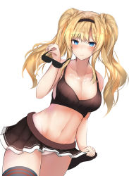 Rule 34 | 1girl, black skirt, black thighhighs, blonde hair, blue eyes, breasts, cleavage, closed mouth, clothes lift, collarbone, cowboy shot, dutch angle, granblue fantasy, hair intakes, hand up, highres, holding, holding removed eyewear, large breasts, linez, long hair, looking at viewer, pleated skirt, sidelocks, simple background, skirt, smile, solo, sports bra, suggestive fluid, sunglasses, thighhighs, tsurime, twintails, unworn eyewear, white background, zeta (dark) (granblue fantasy), zeta (granblue fantasy)