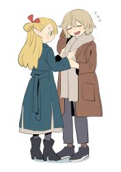 Rule 34 | 2girls, adjusting another&#039;s clothes, black footwear, blonde hair, blue coat, brown coat, closed eyes, coat, commentary, dungeon meshi, falin thorden, full body, green eyes, grey hair, grey pants, long hair, marcille donato, multiple girls, nakkasu, open mouth, pants, pointy ears, short hair, simple background, standing, sweater, white background, white sweater