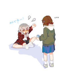 Rule 34 | ..., 2girls, absurdres, arm up, black shorts, blue skirt, blush, brown hair, closed eyes, commentary request, drunk, girls band cry, green jacket, grey hair, highres, holding, iseri nina, jacket, kawaragi momoka, long hair, long sleeves, looking at another, multicolored hair, multiple girls, open clothes, open mouth, open shirt, plaid, plaid shirt, red shirt, roots (hair), shadow, shirt, shoes, short twintails, shorts, simple background, skirt, sneakers, socks, sweatdrop, twintails, v-shaped eyebrows, white background, white footwear, white shirt, white socks, ydpfa