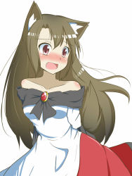 Rule 34 | 1girl, animal ears, arms behind back, bare shoulders, blush, brooch, brown hair, collarbone, dress, fang, highres, imaizumi kagerou, jewelry, kitsunetsu (rcu be1s), layered dress, long hair, looking away, open mouth, red eyes, simple background, solo, strapless, strapless dress, tail, touhou, white background, wolf ears, wolf tail