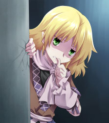 Rule 34 | 1girl, arm warmers, biting, black shirt, blonde hair, brown jacket, clenched teeth, commentary request, crack, cracked wall, finger biting, green eyes, jacket, komiru, looking at viewer, medium hair, mizuhashi parsee, pointy ears, sash, scarf, shaded face, shirt, solo, teeth, thumb biting, touhou, upper body, white sash, white scarf