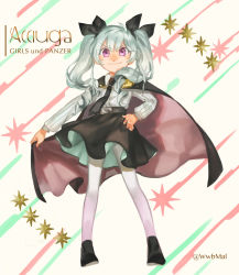 Rule 34 | &gt;:), 10s, 1girl, absurdres, anchovy (girls und panzer), anzio school uniform, bad id, bad pixiv id, black cape, black footwear, black necktie, black ribbon, black skirt, cape, cape hold, closed mouth, commentary request, copyright name, girls und panzer, green hair, hair between eyes, hair ribbon, hand on own hip, highres, long hair, long sleeves, necktie, pantyhose, purple eyes, ribbon, ringlets, school uniform, shirt, shoes, skirt, smile, solo, standing, twintails, v-shaped eyebrows, very long hair, white pantyhose, white shirt, yai (hachihito)