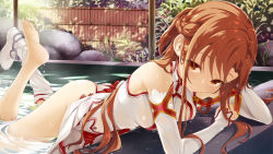 Rule 34 | 10s, 1girl, ass, asuna (sao), bare shoulders, barefoot, boots, brown eyes, brown hair, buriki, clothes lift, detached sleeves, end card, eyecatch, feet, lips, long hair, long legs, looking at viewer, lying, official art, official wallpaper, onsen, panties, partially submerged, shoes, single shoe, single thighhigh, skirt, skirt lift, soles, solo, sword art online, thighhighs, toes, underwear, upskirt, water, wet, wet clothes, wet hair, white panties, white thighhighs