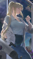 Rule 34 | 1girl, absurdres, blonde hair, blue skirt, breasts, closed eyes, closed mouth, collared shirt, commission, unworn eyewear, high ponytail, highres, holding, holding removed eyewear, jewelry, lab coat, long skirt, medium breasts, necklace, night, night sky, original, shirt, sidelocks, skeb commission, skirt, sky, solo, space, star (sky), starry sky, telescope, uyuyuun, white shirt, window