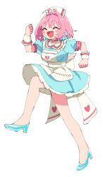 Rule 34 | 1girl, ^ ^, absurdres, ahoge, apron, aqua dress, aqua footwear, aqua hair, armband, blush stickers, bob cut, breasts, choker, clenched hands, closed eyes, colored inner hair, commentary, dress, earrings, fang, frilled dress, frilled headwear, frills, full body, hair intakes, hat, heart, heart print, high heels, highres, idolmaster, idolmaster cinderella girls, idolmaster cinderella girls starlight stage, jewelry, knee up, large breasts, legs, low wings, multicolored hair, nurse cap, open mouth, pill earrings, pink armband, pink choker, pink hair, pink wings, short sleeves, simple background, smile, solo, sparkle print, sukoyaka (100hituzi), symbol-only commentary, two-tone hair, underbust, white apron, white background, white hat, white wrist cuffs, wings, wrist cuffs, yumemi riamu