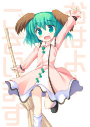 Rule 34 | 1girl, :d, ai takurou, animal ears, arm up, bamboo broom, broom, fang, female focus, green eyes, green hair, kasodani kyouko, looking at viewer, matching hair/eyes, open mouth, outstretched arm, smile, solo, touhou
