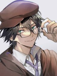 Rule 34 | 1boy, adjusting eyewear, black hair, brown hat, brown jacket, bungou stray dogs, closed mouth, collared shirt, commentary request, edogawa ranpo (bungou stray dogs), glasses, green eyes, grey background, hair between eyes, hand on eyewear, hand up, hat, highres, iyutani, jacket, looking at viewer, male focus, necktie, partial commentary, purple necktie, shirt, short hair, signature, simple background, smile, solo, upper body, white shirt