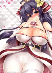 Rule 34 | 1girl, black hair, blush, breasts, cameltoe, cleavage, female pubic hair, heart, heart hands, japanese clothes, large breasts, long hair, looking at viewer, mitsugi, morioka (oshiro project), nipples, oshiro project:re, pubic hair, pussy juice, smile, solo