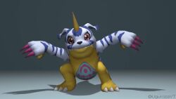 Rule 34 | 3d, animated, audible music, colored skin, dancing, digimon, digimon (creature), gabumon, highres, horns, looking at another, looking at viewer, reptile, robot, sound, video, yellow skin