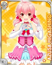 Rule 34 | 1girl, :o, bow, card (medium), character name, collar, dress, elbow gloves, girlfriend (kari), gloves, hair bow, higashino azusa, looking at viewer, official art, open mouth, pink dress, pink eyes, pink hair, qp:flapper, red bow, solo, standing, tagme, thighhighs, twintails, white gloves, white legwear, yellow background