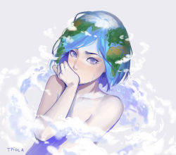 Rule 34 | 1girl, artist name, blue eyes, blue hair, censored, cloud, collarbone, covering own mouth, crying, crying with eyes open, earth-chan, earth (planet), green hair, hand mouth, hand to own mouth, highres, looking at viewer, multicolored hair, original, planet, short hair, solo, swept bangs, tears, topless, tpiola, two-tone hair