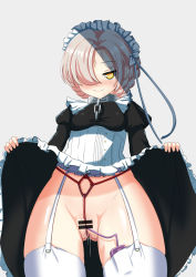 Rule 34 | 1girl, azur lane, bad id, bad pixiv id, bar censor, bdsm, black dress, blonde hair, blush, bondage, bound, braid, breasts, censored, chain, closed mouth, clothes lift, collar, controller, corset, cowboy shot, crotch rope, dress, dress lift, drooling, eronadarkness, female focus, french braid, frilled dress, frills, from below, garter belt, garter straps, gluteal fold, grey background, hair over one eye, half-closed eyes, hands up, happy, highres, juliet sleeves, lifting own clothes, long sleeves, looking at viewer, maid, maid headdress, no panties, nose blush, object insertion, puffy sleeves, pussy, pussy juice, pussy juice trail, remote control, remote control vibrator, rope, saliva, sex toy, sheffield (azur lane), shibari, shibari under clothes, shiny skin, short hair, simple background, skindentation, small breasts, smile, solo, sweat, thighhighs, transparent censoring, vaginal, vaginal object insertion, vibrator, vibrator cord, vibrator in thighhighs, white thighhighs, yellow eyes