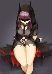Rule 34 | 1girl, absurdres, arknights, black dress, closed mouth, dress, fingerless gloves, gloves, highres, hood, lava (arknights), mask, purple hair, pussy, short sleeves, sitting, solo, thighs