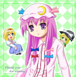 Rule 34 | 3girls, :o, alice margatroid, bad anatomy, blonde hair, blue dress, bow, chibi, crescent, dress, female focus, frills, hairband, hat, kirisame marisa, looking at viewer, multi-tied hair, multiple girls, parted lips, patchouli knowledge, pink bow, poorly drawn, sidelocks, touhou, upper body, witch hat