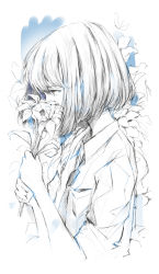Rule 34 | 1girl, absurdres, blue theme, bob cut, collared shirt, flower, from side, highres, holding, holding flower, monochrome, necktie, original, profile, shirt, short hair, sleeves pushed up, solo, upper body, wataboku, wing collar