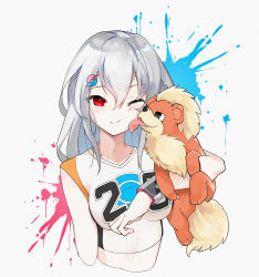Rule 34 | 1girl, arknights, bare shoulders, blush, breasts, cheerleader, closed mouth, collarbone, commentary request, creatures (company), cropped torso, crossover, game freak, gen 1 pokemon, gloves, grey hair, growlithe, hair between eyes, hair ornament, hairclip, holding, holding pokemon, licking, licking another&#039;s cheek, licking another&#039;s face, long hair, looking at viewer, medium breasts, nintendo, one eye closed, pokemon, pokemon (creature), red eyes, shirt, skadi (arknights), smile, upper body, very long hair, virtual youtuber, wo chi xiangjiao pi