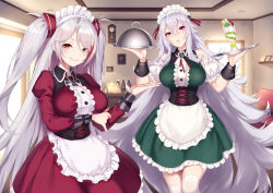 Rule 34 | 2girls, absurdly long hair, antenna hair, apron, azur lane, bare shoulders, blush, bottle, breast hold, breasts, clock, closed mouth, corset, cross, crossed bangs, detached sleeves, dress, eyes visible through hair, graf zeppelin (azur lane), green dress, hair between eyes, highres, indoors, iron cross, large breasts, long hair, looking at viewer, maid, maid apron, maid headdress, multicolored hair, multiple girls, orange eyes, parted lips, pink eyes, pokachu, prinz eugen (azur lane), puffy sleeves, red dress, red hair, short sleeves, silver hair, smile, streaked hair, swept bangs, thighhighs, two side up, very long hair, waist apron, white apron, white legwear, window, wrist cuffs
